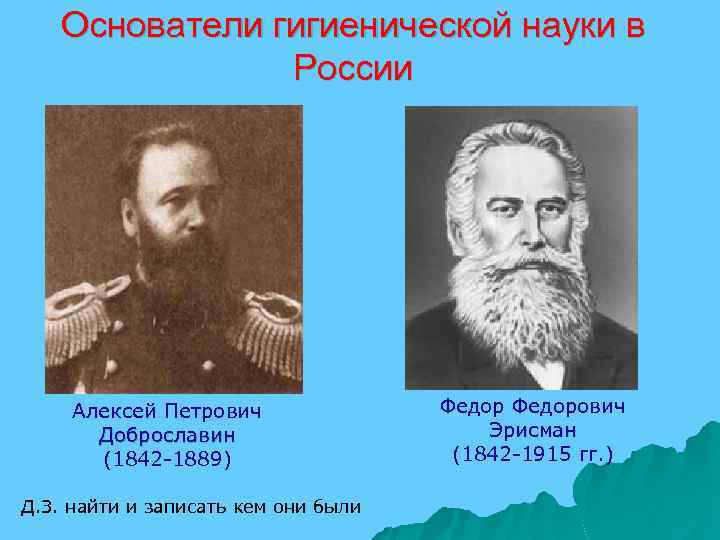 Основатели гигиенической науки в России Алексей Петрович Доброславин (1842 -1889) Д. З. найти и