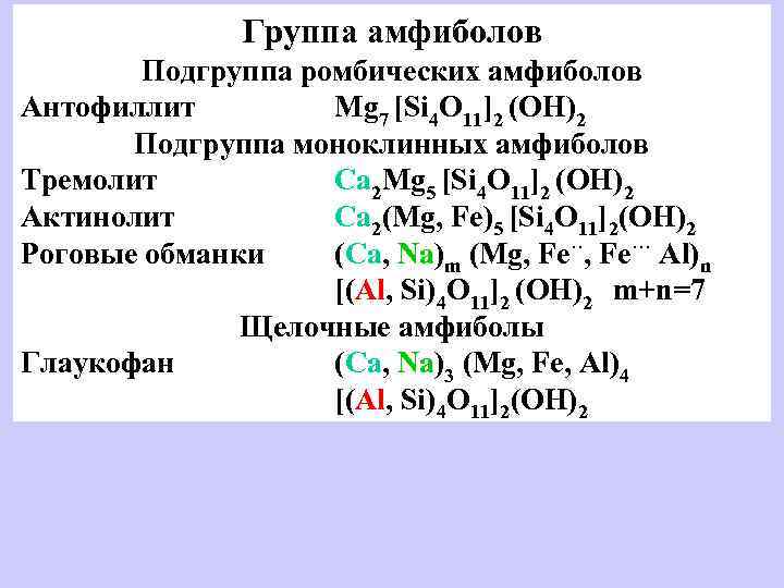 Группа амфиболов Подгруппа ромбических амфиболов Антофиллит Mg 7 [Si 4 O 11]2 (OH)2 Подгруппа