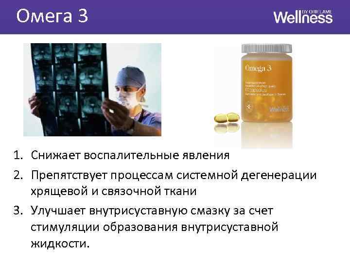 Омега 3 1. Снижает воспалительные явления 2. Препятствует процессам системной дегенерации хрящевой и связочной