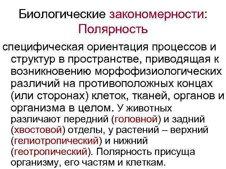 Биологические закономерности: Полярность специфическая ориентация процессов и структур в пространстве, приводящая к возникновению морфофизиологических
