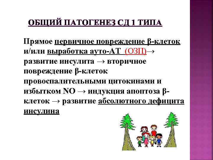  ОБЩИЙ ПАТОГЕНЕЗ СД 1 ТИПА Прямое первичное повреждение β-клеток и/или выработка ауто-АТ (ОЗП)→