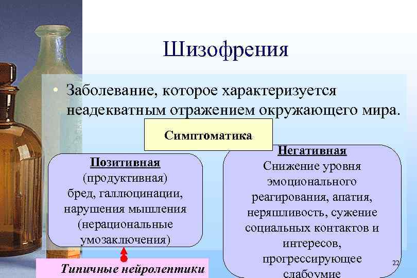 Шизофрения • Заболевание, которое характеризуется неадекватным отражением окружающего мира. Симптоматика Позитивная (продуктивная) бред, галлюцинации,