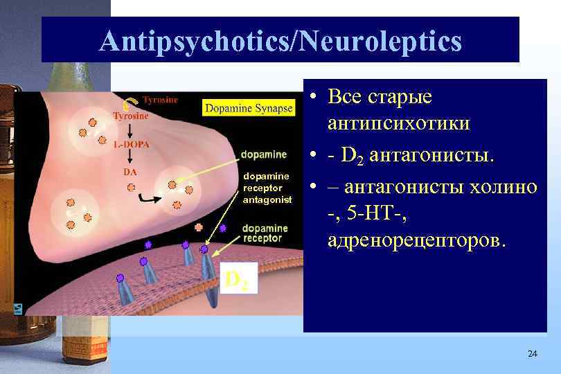 Antipsychotics/Neuroleptics dopamine receptor antagonist • Все старые антипсихотики • - D 2 антагонисты. •