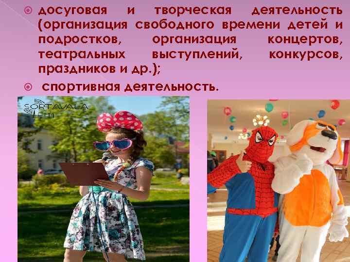 досуговая и творческая деятельность (организация свободного времени детей и подростков, организация концертов, театральных выступлений,