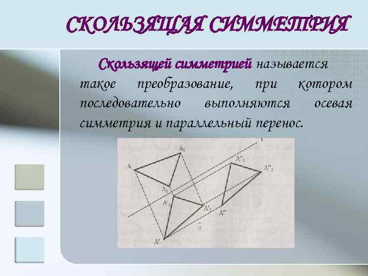 СКОЛЬЗЯЩАЯ СИММЕТРИЯ Скользящей симметрией называется такое преобразование, при котором последовательно выполняются осевая симметрия и