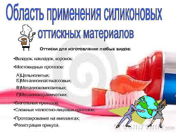 Оттиски для изготовления любых видов: • Вкладок, накладок, коронок; • Мостовидных протезов: А)Цельнолитых; Б)Металлопластмассовых;