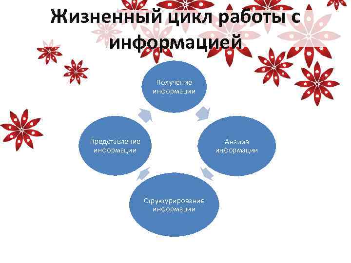 Жизненный цикл работы с информацией Получение информации Представление информации Анализ информации Структурирование информации 