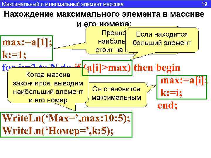Максимальный и минимальный элемент массива 19 Нахождение максимального элемента в массиве и его номера: