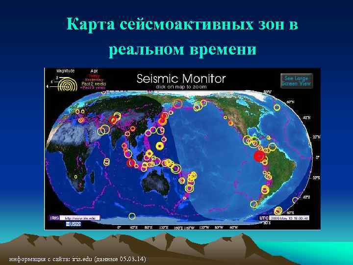 Карта сейсмоактивных зон в реальном времени информация с сайта: iris. edu (данные 05. 03.