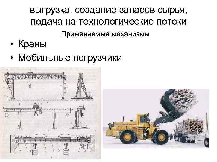 выгрузка, создание запасов сырья, подача на технологические потоки Применяемые механизмы • Краны • Мобильные