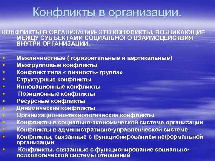 Конфликты в организации. КОНФЛИКТЫ В ОРГАНИЗАЦИИ- ЭТО КОНФЛИКТЫ, ВОЗНИКАЮЩИЕ МЕЖДУ СУБЪЕКТАМИ СОЦИАЛЬНОГО ВЗАИМОДЕЙСТВИЯ ВНУТРИ