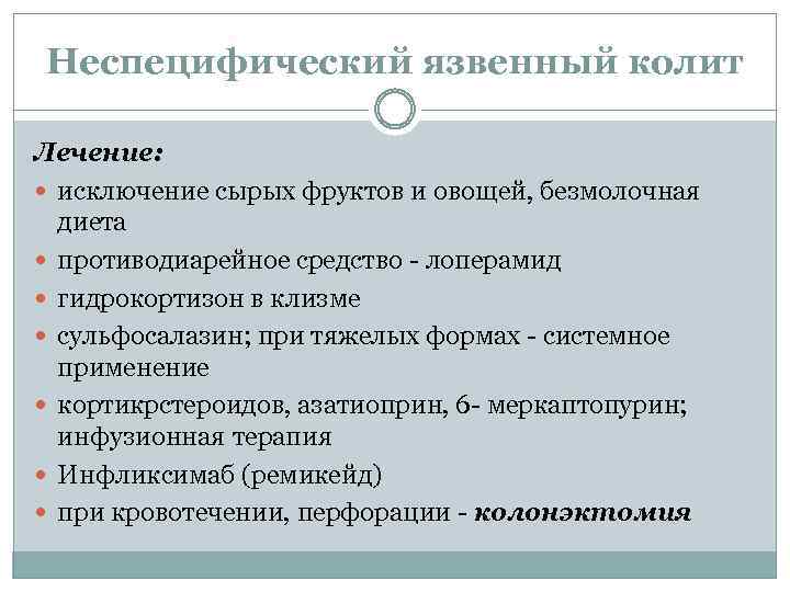 Неспецифический язвенный колит Лечение: исключение сырых фруктов и овощей, безмолочная диета противодиарейное средство -