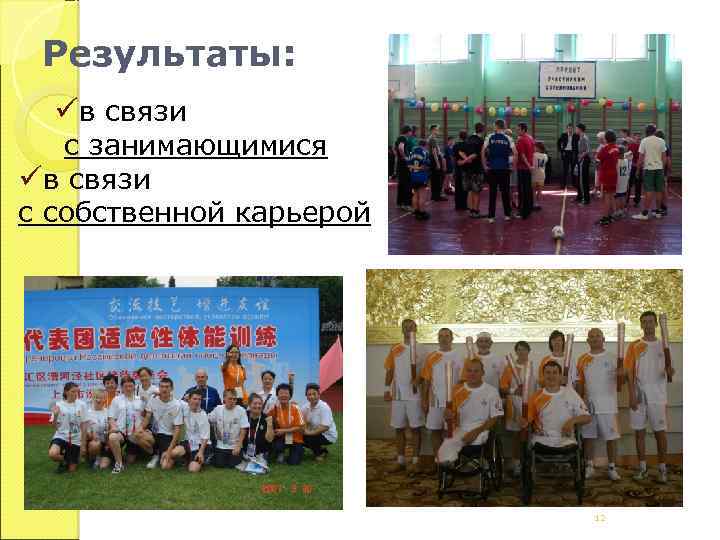 Результаты: üв связи с занимающимися üв связи с собственной карьерой 12 