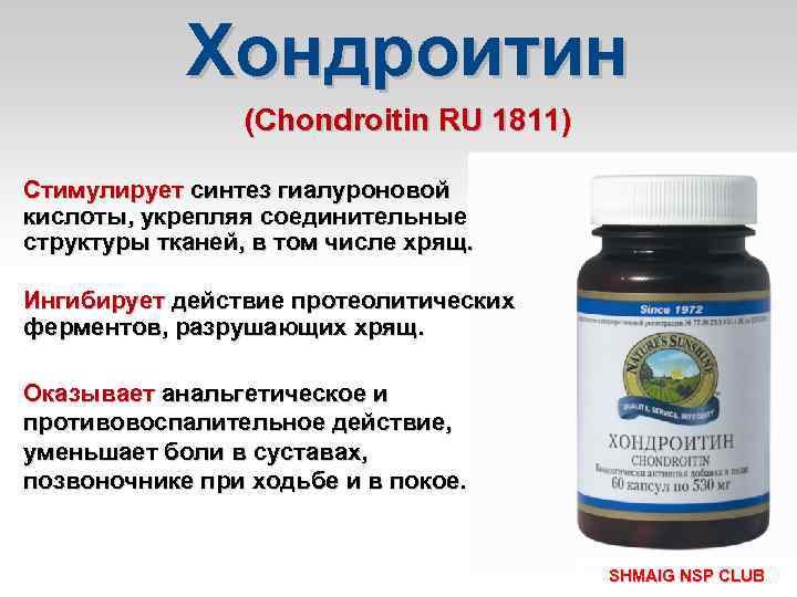 Хондроитин (Chondroitin RU 1811) Стимулирует синтез гиалуроновой кислоты, укрепляя соединительные структуры тканей, в том