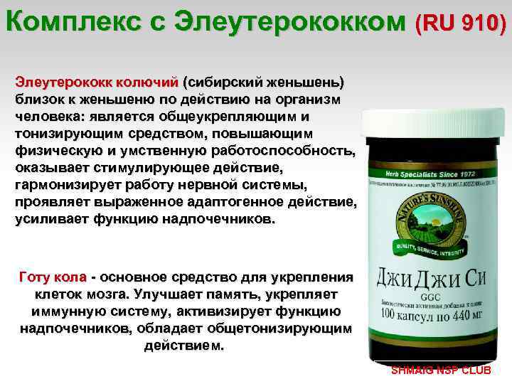 Комплекс с Элеутерококком (RU 910) Элеутерококк колючий (сибирский женьшень) близок к женьшеню по действию