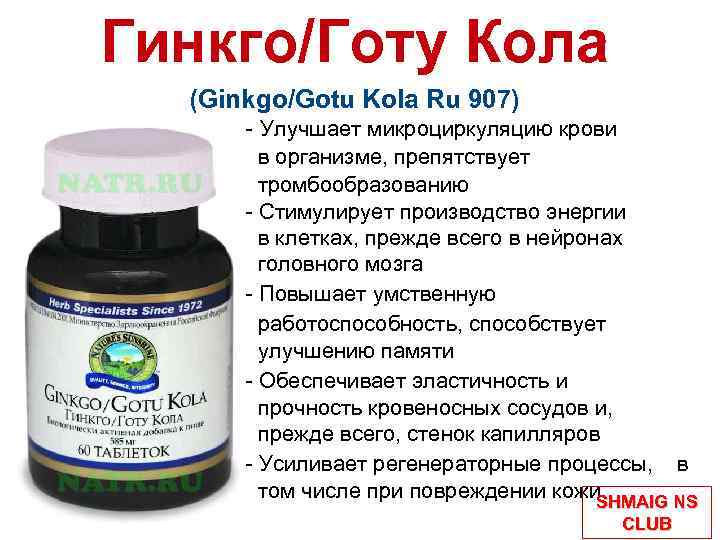 Гинкго/Готу Кола (Ginkgo/Gotu Kola Ru 907) - Улучшает микроциркуляцию крови в организме, препятствует тромбообразованию