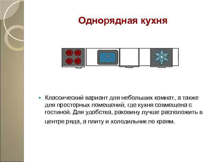Однорядная кухня Классический вариант для небольших комнат, а также для просторных помещений, где кухня