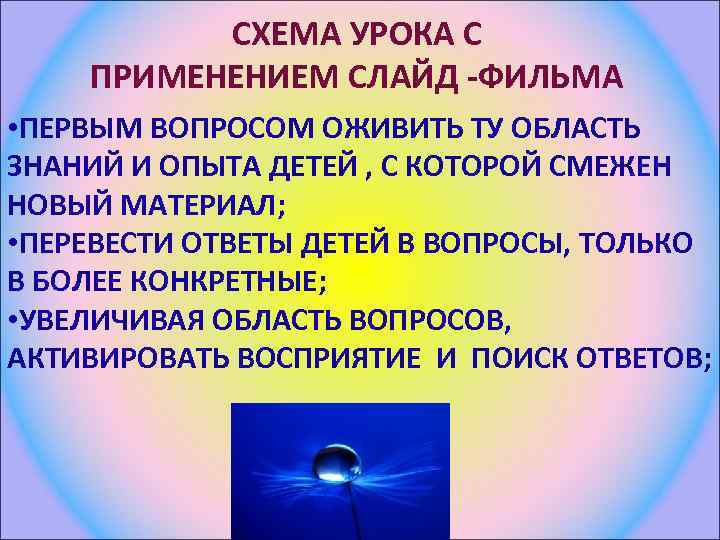 СХЕМА УРОКА С ПРИМЕНЕНИЕМ СЛАЙД -ФИЛЬМА • ПЕРВЫМ ВОПРОСОМ ОЖИВИТЬ ТУ ОБЛАСТЬ ЗНАНИЙ И