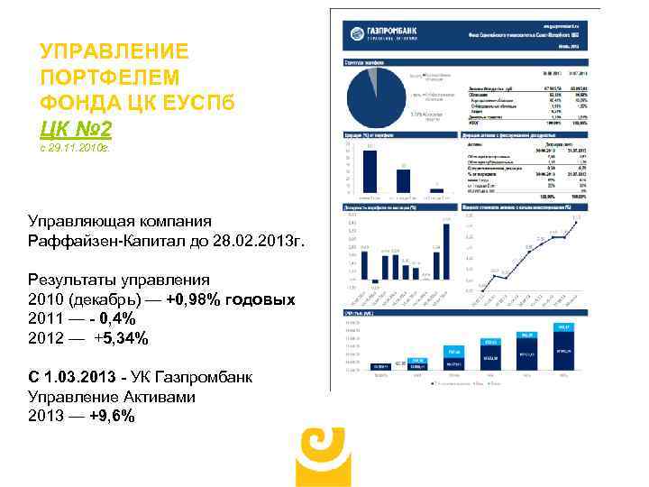 УПРАВЛЕНИЕ ПОРТФЕЛЕМ ФОНДА ЦК ЕУСПб ЦК № 2 с 29. 11. 2010 г. Управляющая