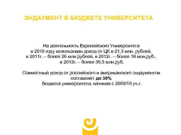 ЭНДАУМЕНТ В БЮДЖЕТЕ УНИВЕРСИТЕТА На деятельность Европейского Университета в 2010 году использован доход от