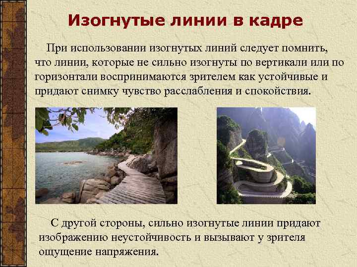 Изогнутые линии в кадре При использовании изогнутых линий следует помнить, что линии, которые не