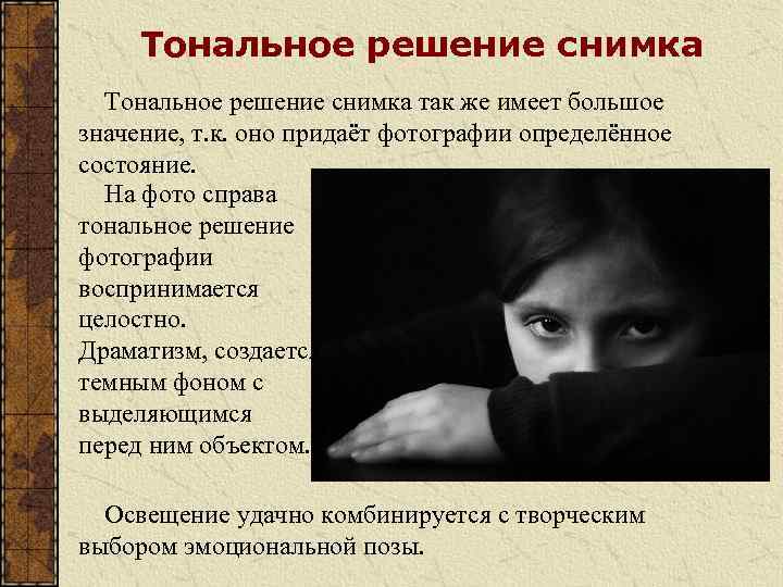 Тональное решение снимка так же имеет большое значение, т. к. оно придаёт фотографии определённое
