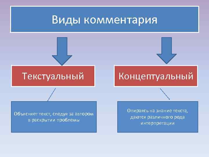  Виды комментария Текстуальный Концептуальный Опираясь на знание текста, Объясняет текст, следуя за автором