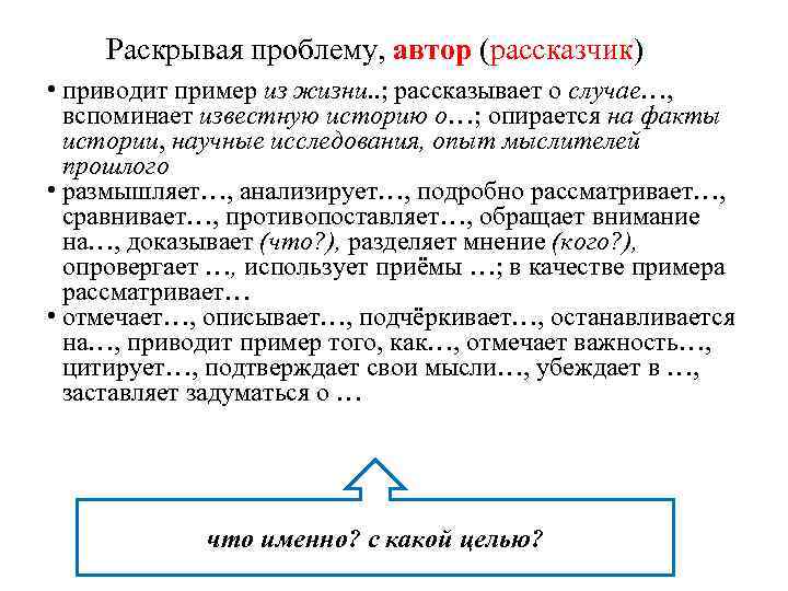 Раскрывая проблему, автор (рассказчик) • приводит пример из жизни. . ; рассказывает о случае…,