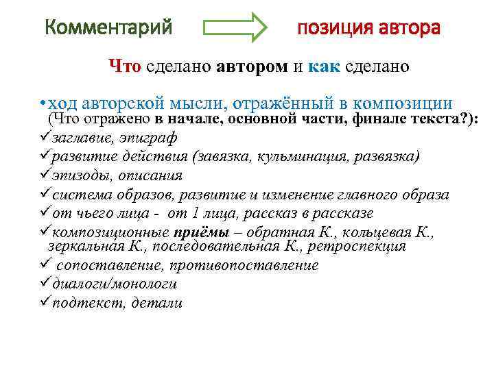 Комментарий позиция автора Что сделано автором и как сделано Что как • ход авторской
