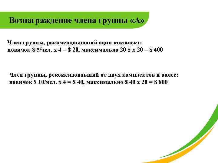 Вознаграждение члена группы «А» Член группы, рекомендовавший один комплект: новичок $ 5/чел. x 4