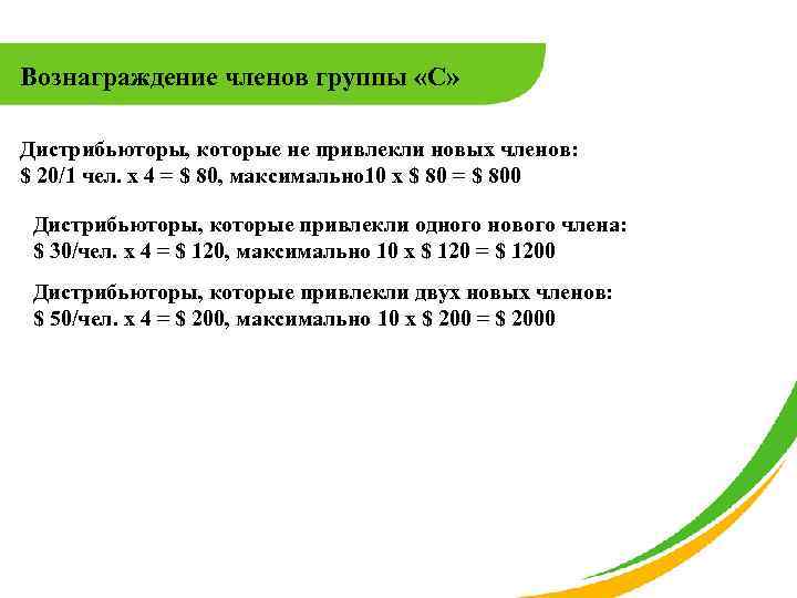 Вознаграждение членов группы «C» Дистрибьюторы, которые не привлекли новых членов: $ 20/1 чел. x