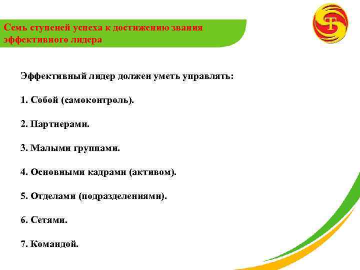 Семь ступеней успеха к достижению звания эффективного лидера Эффективный лидер должен уметь управлять: 1.