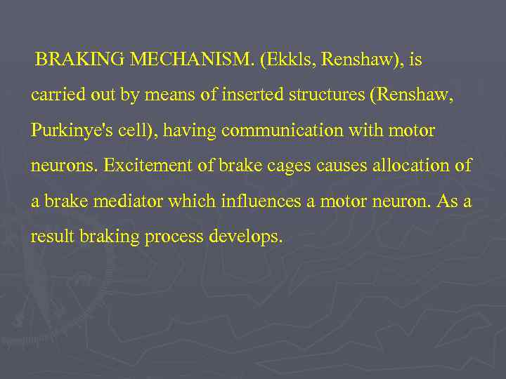 BRAKING MECHANISM. (Ekkls, Renshaw), is carried out by means of inserted structures (Renshaw, Purkinye's