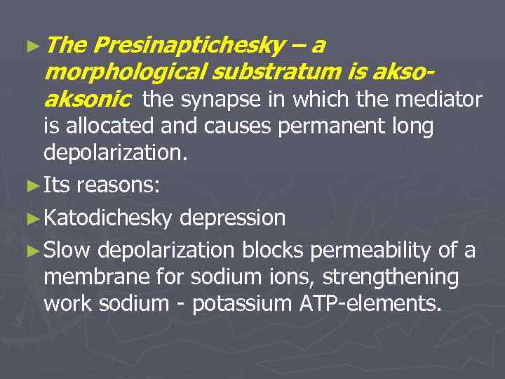 ► The Presinaptichesky – a morphological substratum is aksonic the synapse in which the