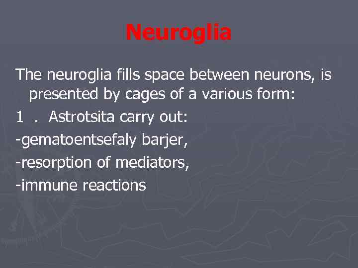 Neuroglia The neuroglia fills space between neurons, is presented by cages of a various