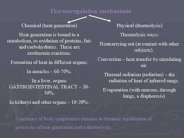 Thermoregulation mechanisms Chemical (heat generation) Physical (thermolysis) Heat generation is bound to a metabolism,