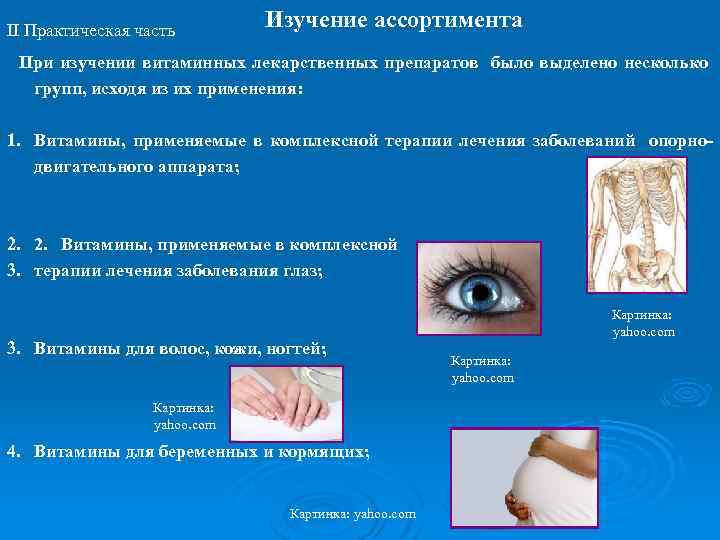 II Практическая часть Изучение ассортимента При изучении витаминных лекарственных препаратов было выделено несколько групп,