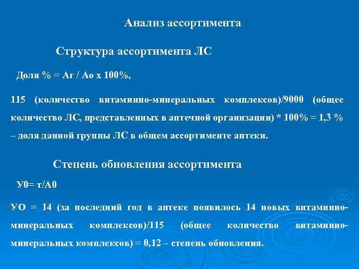 Анализ ассортимента Структура ассортимента ЛС Доля % = Аг / Ао х 100%, 115