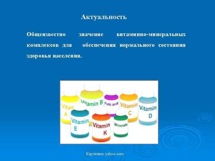 Актуальность Общеизвестно значение комплексов для витаминно-минеральных обеспечения нормального состояния здоровья населения. Картинка: yahoo. com