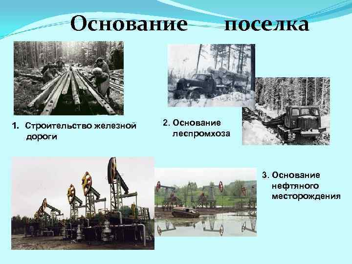 Основание 1. Строительство железной дороги поселка 2. Основание леспромхоза 3. Основание нефтяного месторождения 