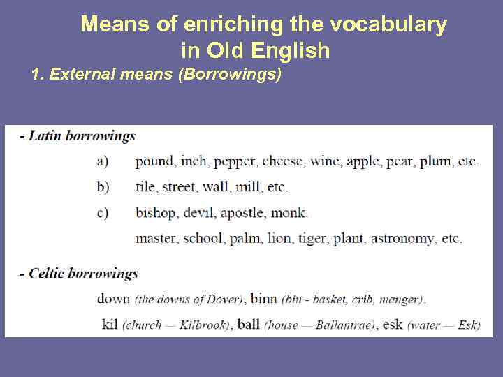 Means of enriching the vocabulary in Old English 1. External means (Borrowings) 