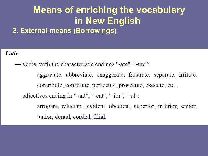 Means of enriching the vocabulary in New English 2. External means (Borrowings) 