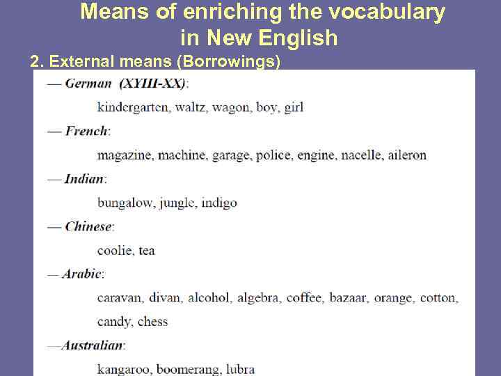 Means of enriching the vocabulary in New English 2. External means (Borrowings) 