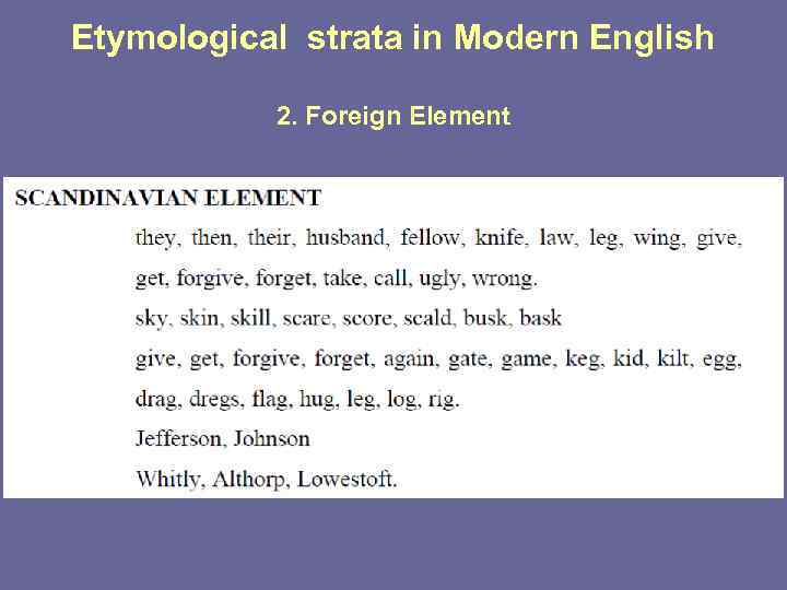 Etymological strata in Modern English 2. Foreign Element 