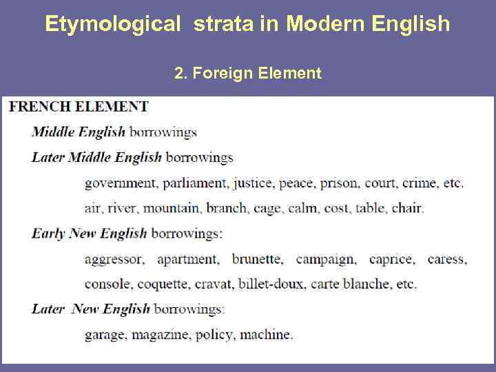 Etymological strata in Modern English 2. Foreign Element 