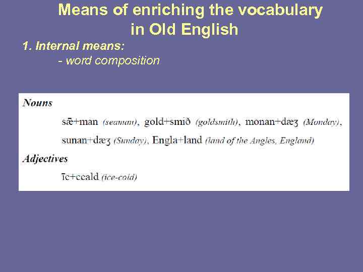 Means of enriching the vocabulary in Old English 1. Internal means: - word composition