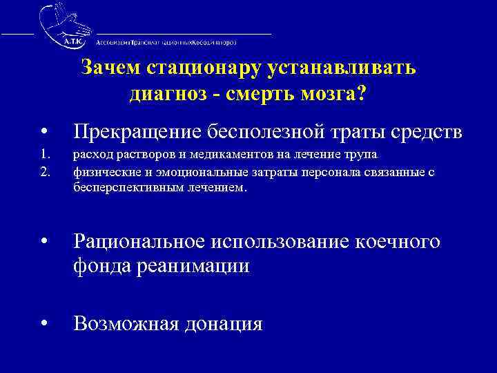  Зачем стационару устанавливать диагноз - смерть мозга? • Прекращение бесполезной траты средств 1.