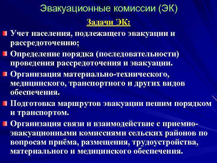 Эвакуационные комиссии (ЭК) Задачи ЭК: Учет населения, подлежащего эвакуации и рассредоточению; Определение порядка (последовательности)