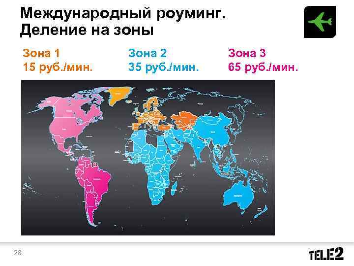 Международный роуминг. Деление на зоны Зона 1 15 руб. /мин. 28 Зона 2 35