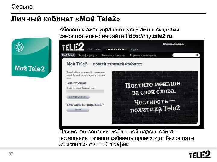 Сервис Личный кабинет «Мой Tele 2» Абонент может управлять услугами и скидками самостоятельно на